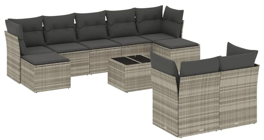 Set divano giardino 10 pz con cuscini grigio chiaro polyrattan