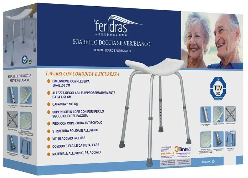 Sgabello doccia antiscivolo altezza regolabile 34-51 cm portata max 100 kg