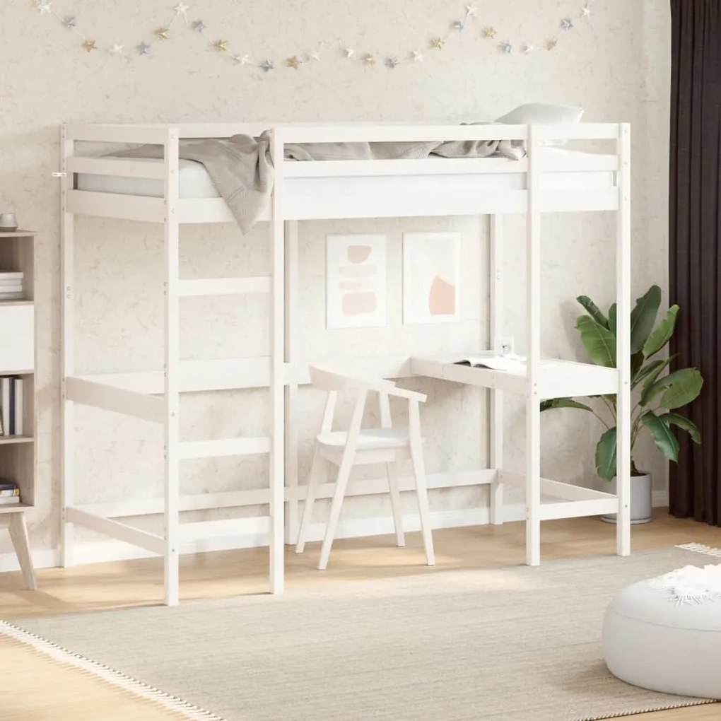 Letto Soppalco Con Scrivania Bianco 90x200 Cm Massello Pino /