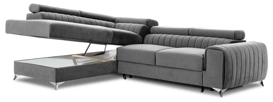 Divano angolare grigio allungabile/con contenitore (con penisola a sinistra/a L) e rivestimento in velluto Laurence – ELTAP