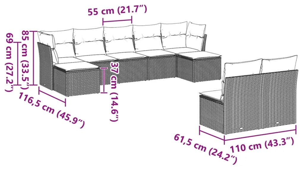 Set divano da giardino 9pz con cuscini grigio chiaro polyrattan