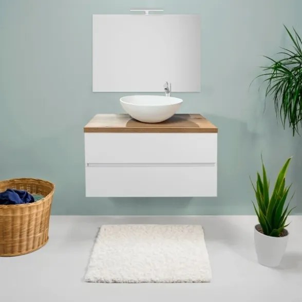 Mobile Bagno Sospeso 80 Cm Con Lavabo E Specchio Bianco Lucido Top Rovere Rio
