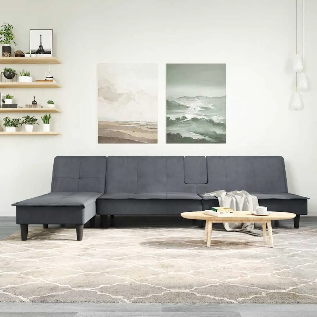 Divano Letto A L Grigio Scuro 255x140x70 Cm İn Velluto /