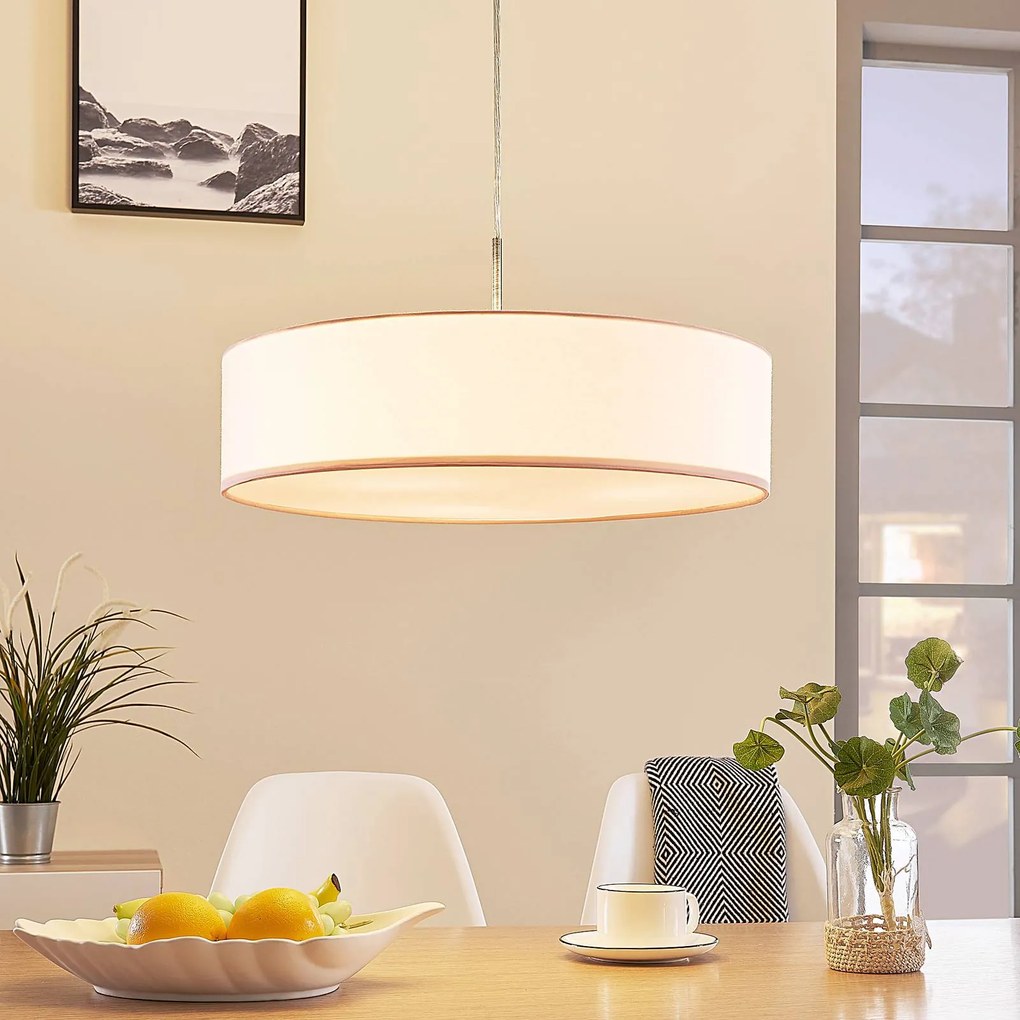 Lindby lampada a sospensione Sebatin, Ø 50 cm, bianco, in tessuto, E27