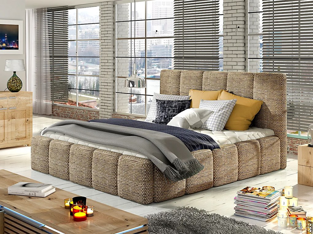 Letto matrimoniale con box contenitore Seychelles - 180 x 200 cm , Tessuto sabbia grezzo