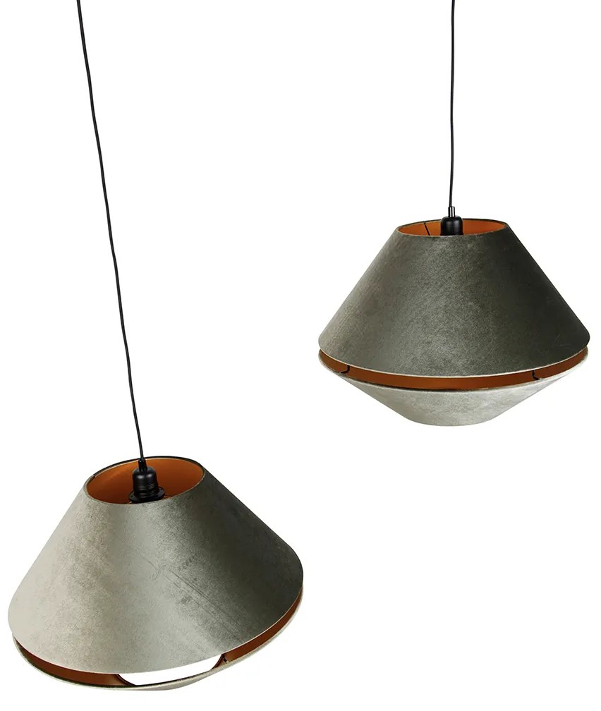 Lampada a sospensione nera con doppio paralume in velluto verde con interno dorato 2 luci - Cava Luxe