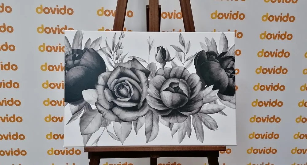Stampa su tela – Incantevole combinazione di fiori e foglie in bianco e nero