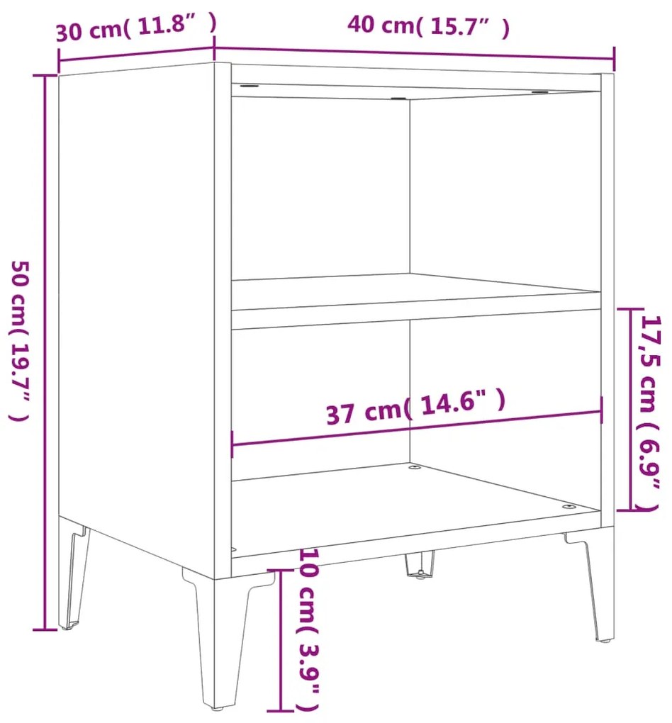 Comodini con Gambe in Metallo 2pz Grigio Lucido 40x30x50 cm