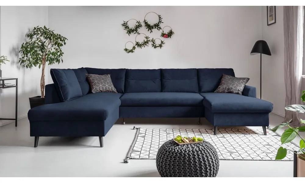 Divano letto a U in velluto blu scuro, angolo sinistro Stylish Stan - Miuform
