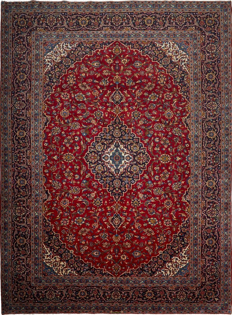 Kashan Tappeto 400x300 Blu (Iran) Annodato A Mano