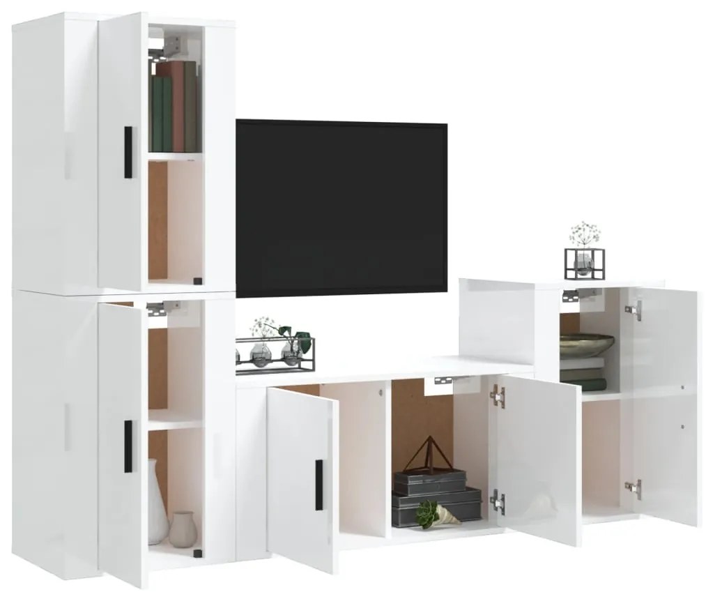 Set di Mobili Porta TV 4 pz Bianco Lucido in Legno Multistrato