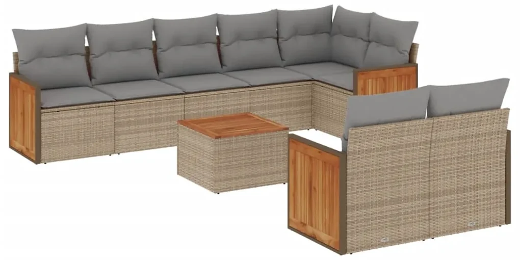 Set divano da giardino 9 pz con cuscini beige in polyrattan