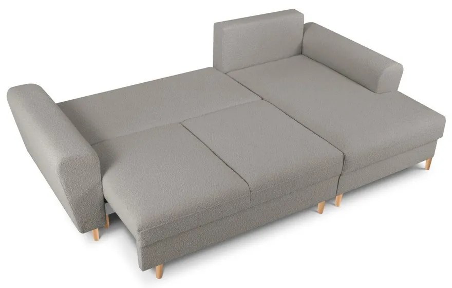 Divano angolare grigio chiaro allungabile e con contenitore (con penisola a destra/con chaise lounge) con rivestimento in bouclé Kyoto – Cosmopolitan Design