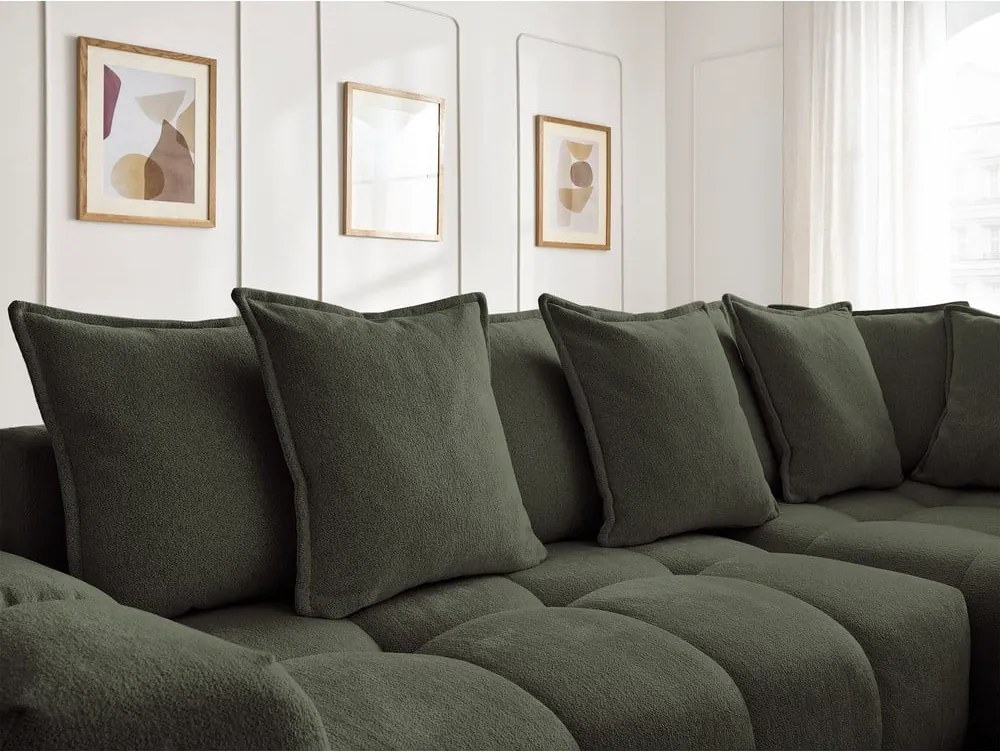 Divano angolare verde allungabile e con contenitore (penisola a destra/a L) con rivestimento in ciniglia Everest – Bobochic Paris