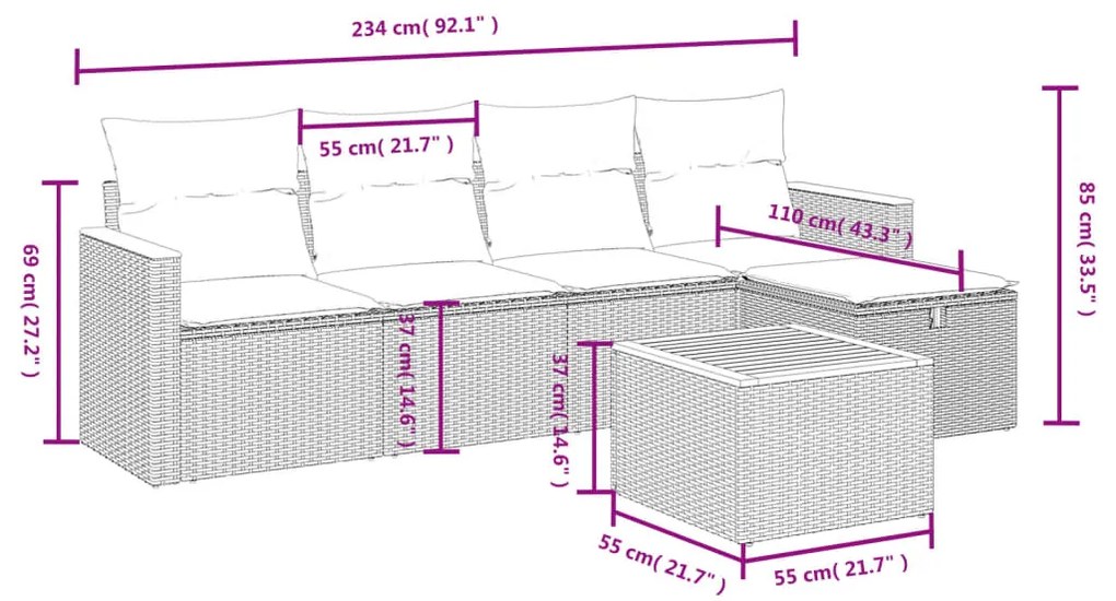 Set Divano da Giardino 6 pz con Cuscini Grigio in Polyrattan