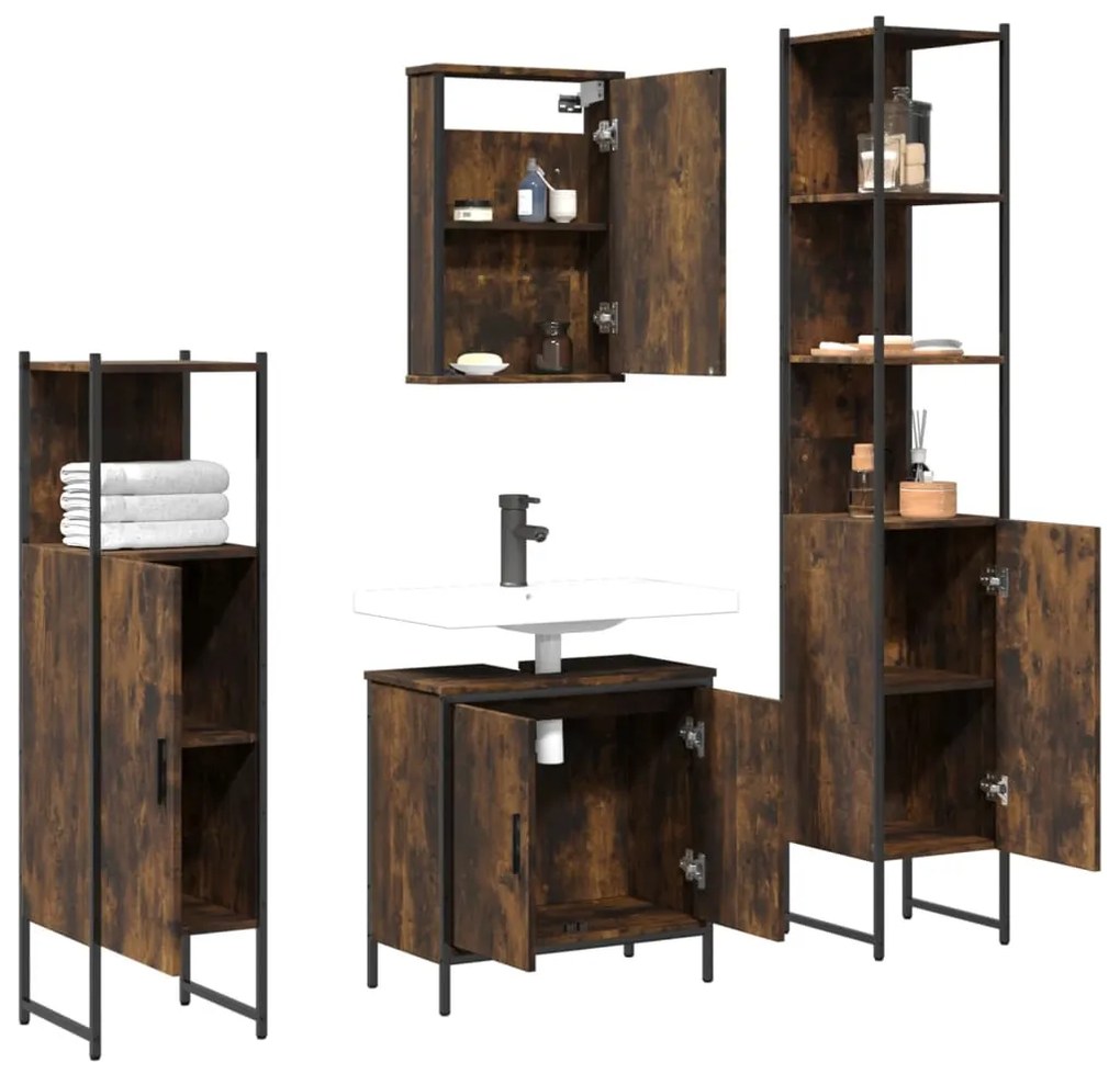 Set mobili da bagno 4 pz rovere fumo in legno multistrato