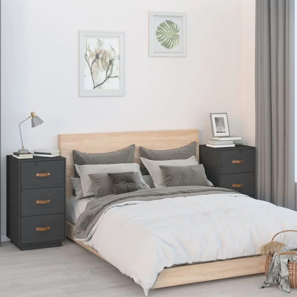 Comodini Grigi 2 Pz 40x40x75 Cm İn Legno Massello Di Pino /