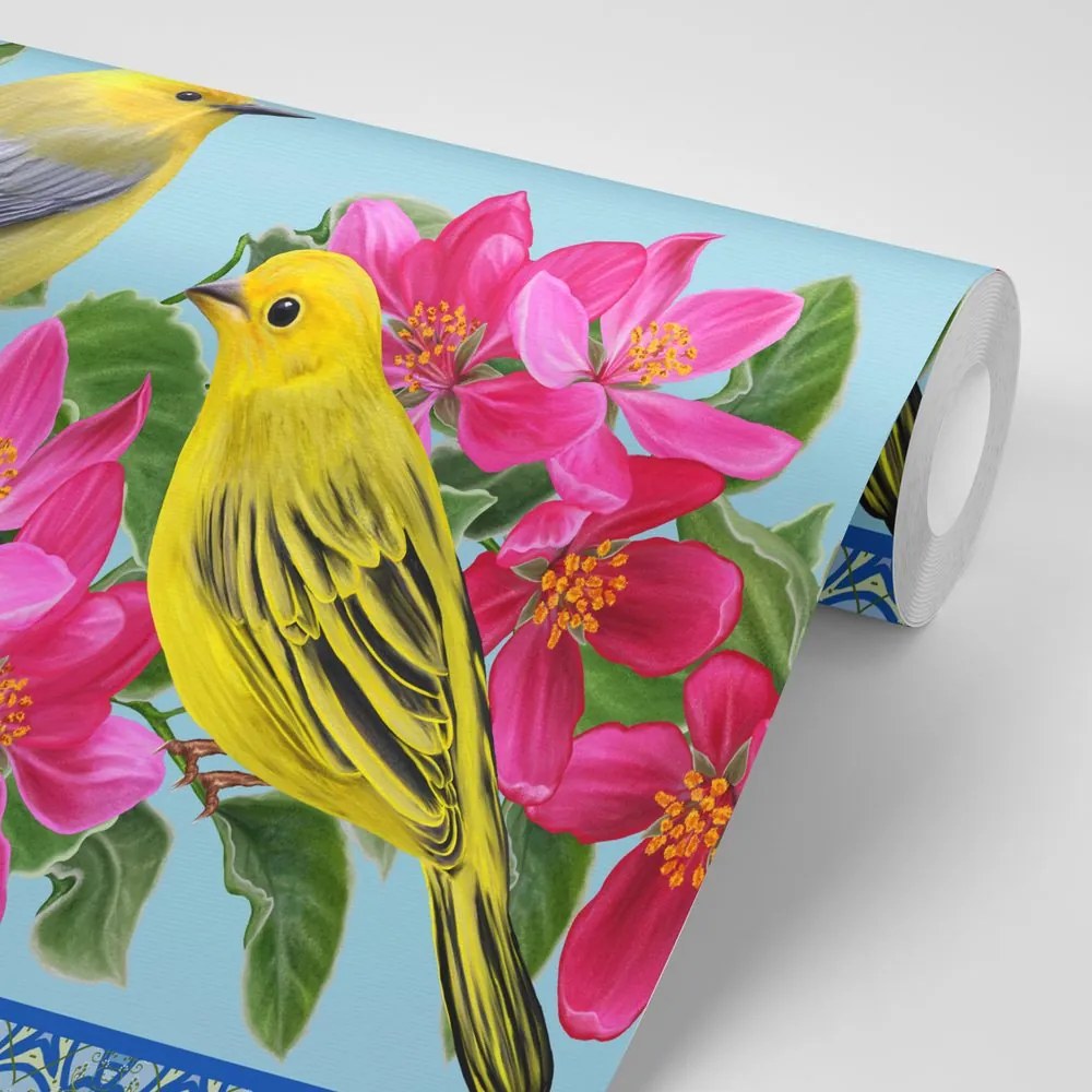 Carta da parati – Uccellini e fiori in stile vintage