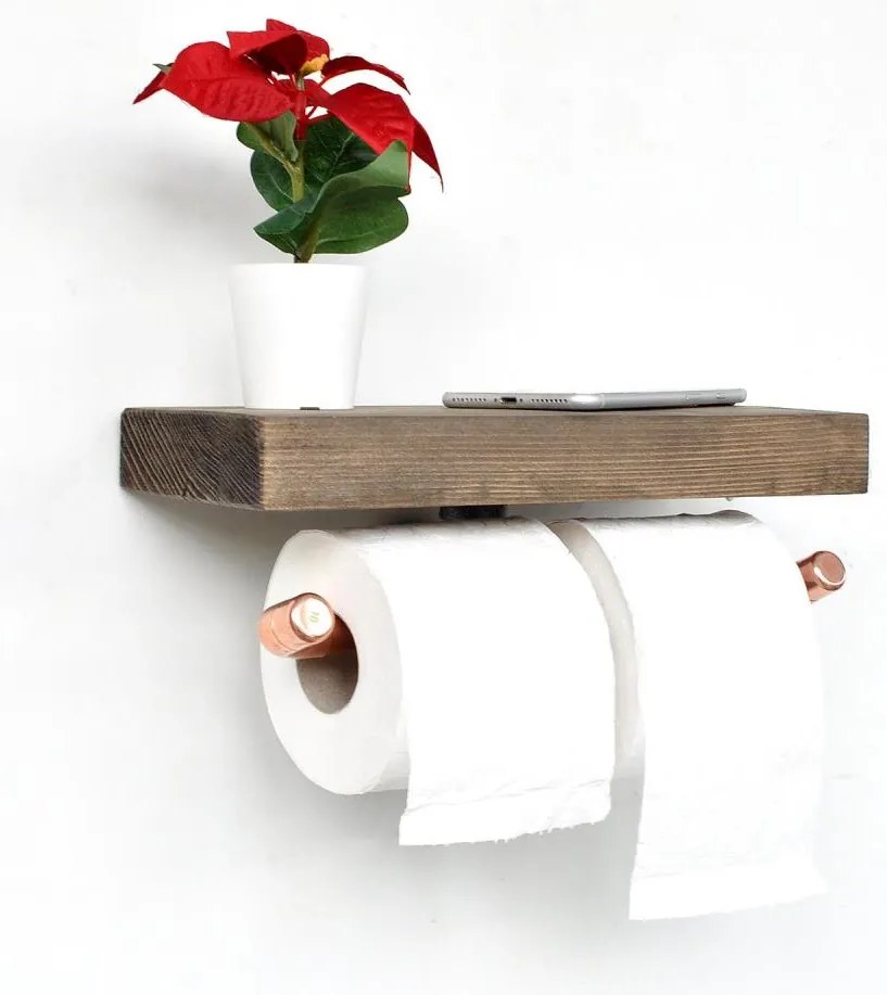 Porta carta igienica con ripiano BORU 12x30 cm abete/rame