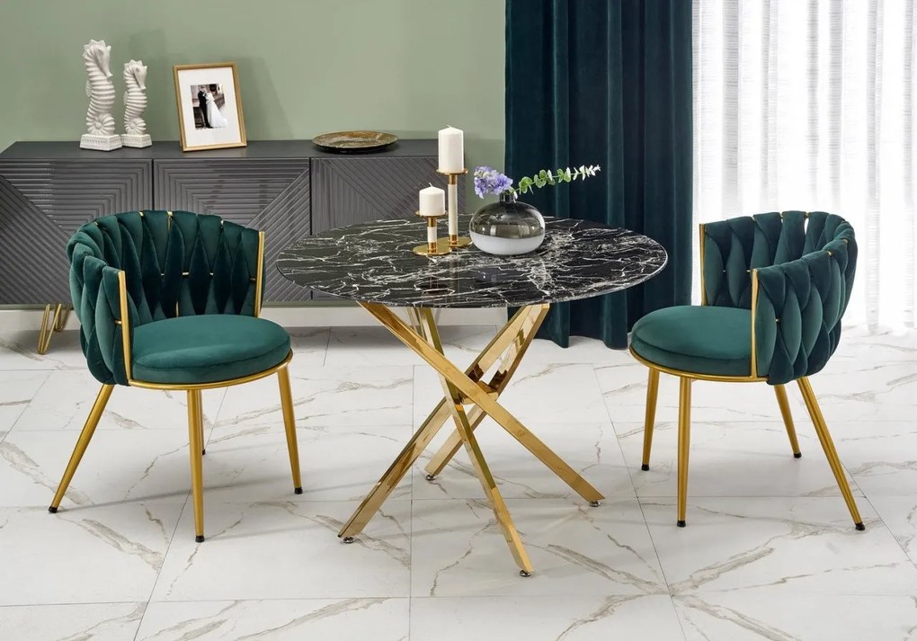 Set tavolo rotondo Raymond 2 effetto marmo nero + 2 sedie K517 verde/oro