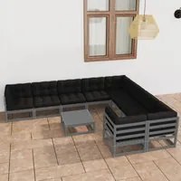 Set Divani da Giardino 10pz con Cuscini Grigio Massello di Pino 3077041