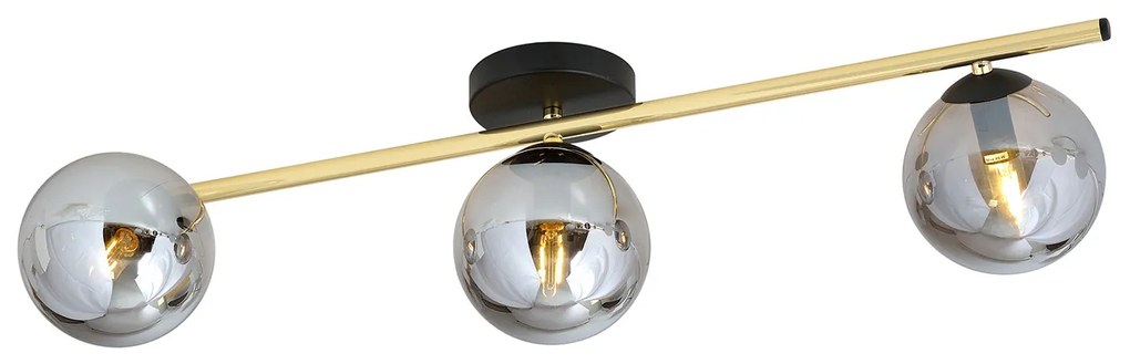 Plafoniera Contemporanea 3 Luci Eracle In Acciaio Oro/Nero E Sfere Vetro Fumè