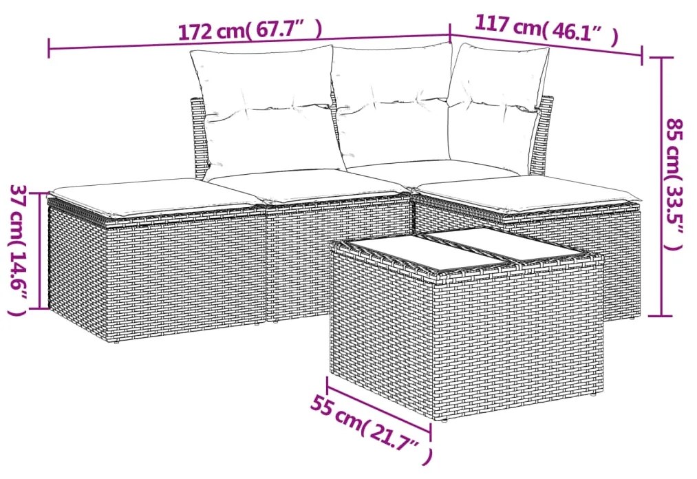 Set divano da giardino 5pz con cuscini grigio chiaro polyrattan