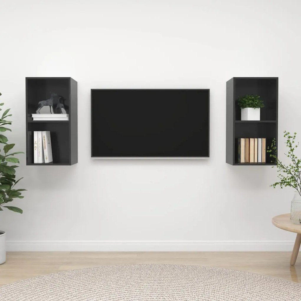 Mobile Tv A Parete 2 Pz Grigio Lucido İn Truciolato /