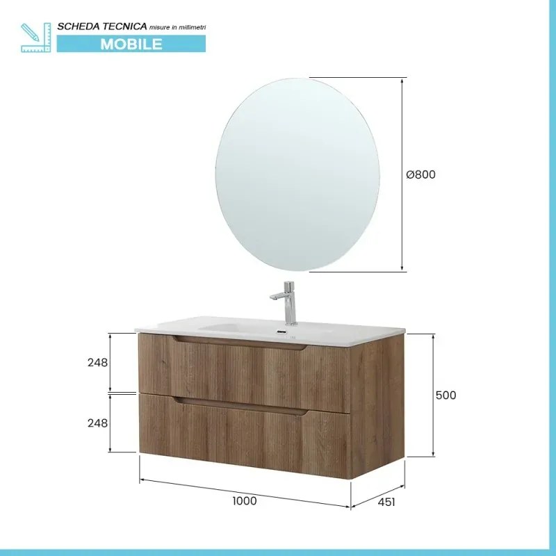 Mobile bagno sospeso 100 rovere cannettato doppi cassetto lavabo e specchio Wise