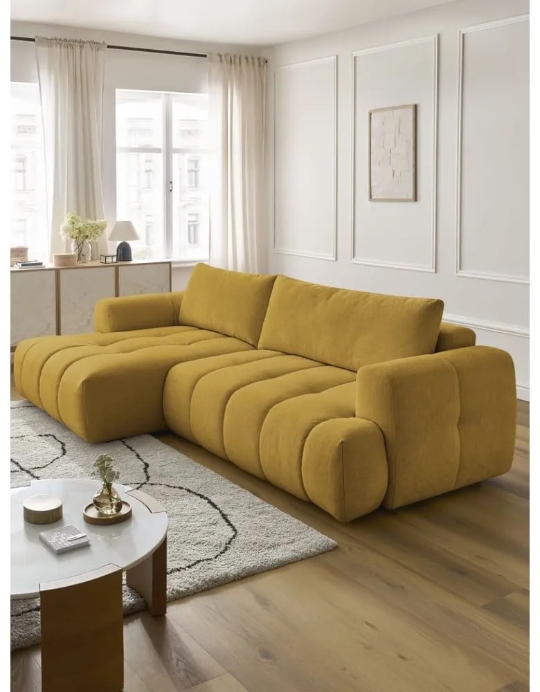 Divano angolare color senape allungabile e con contenitore (penisola a sinistra/chaise lounge) con rivestimento in ciniglia Fuji – Bobochic Paris