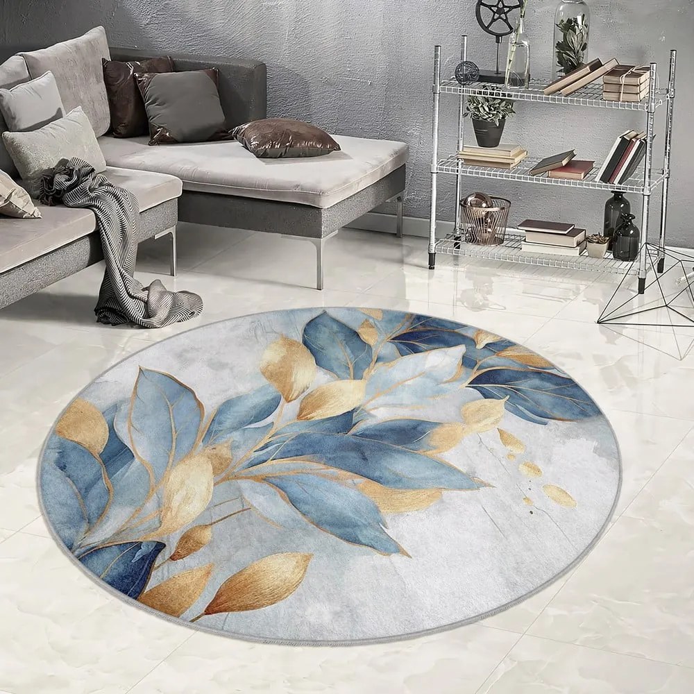 Tappeto rotondo blu/dorato lavabile ø 100 cm Golden Leaves – Mila Home