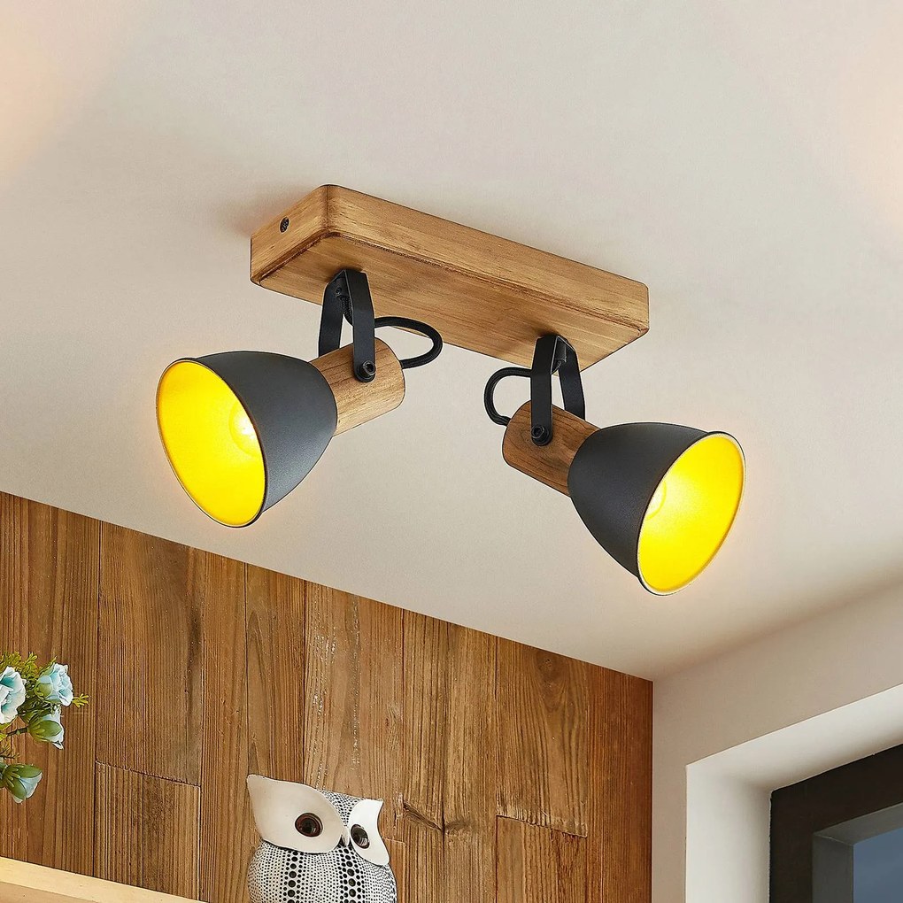 Lindby faretto da soffitto Merela, nero/oro, a 2 luci, legno, E14
