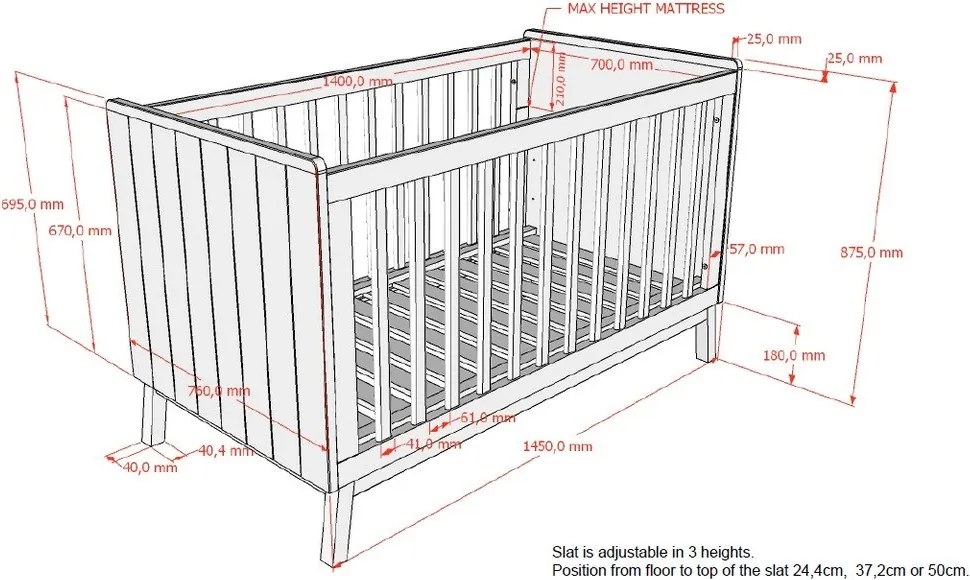 Lettino beige in pino massiccio con sponde rimovibili/con altezza regolabile 70x140 cm Sezane – Vipack