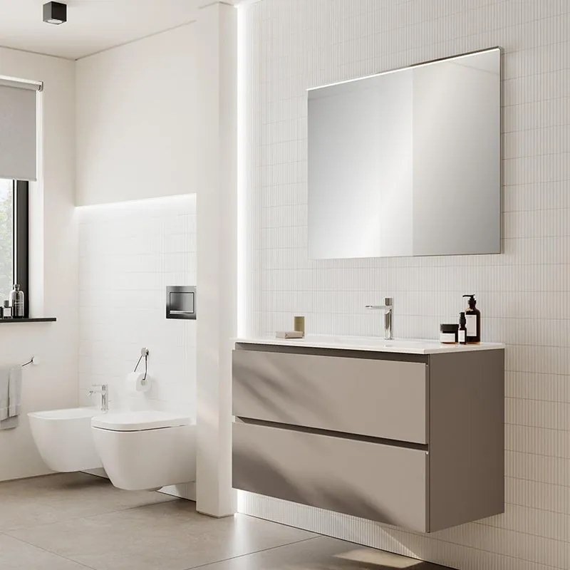 Mobile da bagno sospeso Step taupe con lavabo in ceramica e 2 cassetti L101 H 60 P46 cm