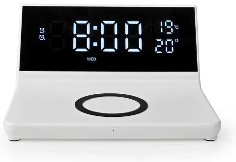 Nedis WCACQ20WT - Orologio a sveglia con display LCD e senza fili caricatore 15W/5V bianco