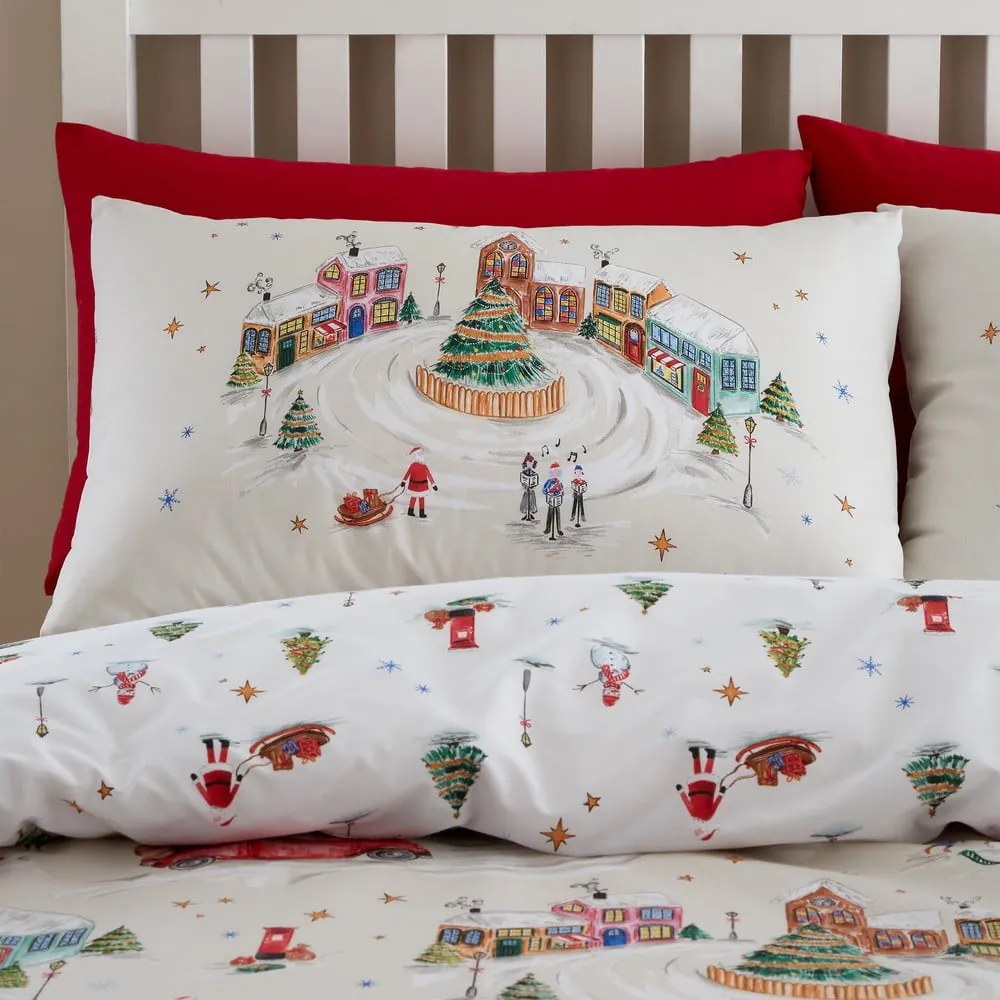 Set copripiumino e federa bianco e beige per letto matrimoniale e per letto esteso 230x220 cm Christmas Town – Catherine Lansfield