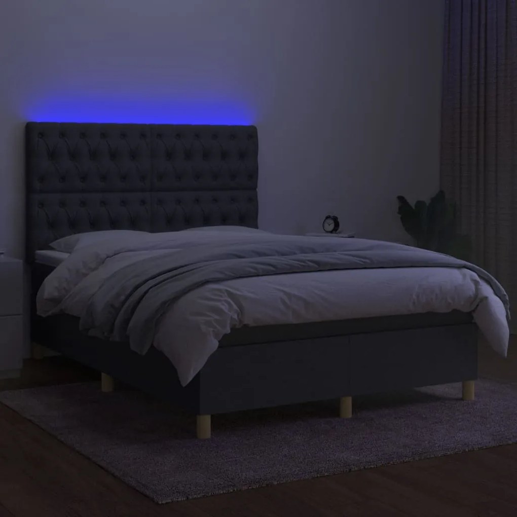 Letto a molle materasso e led grigio scuro 140x200cm in tessuto