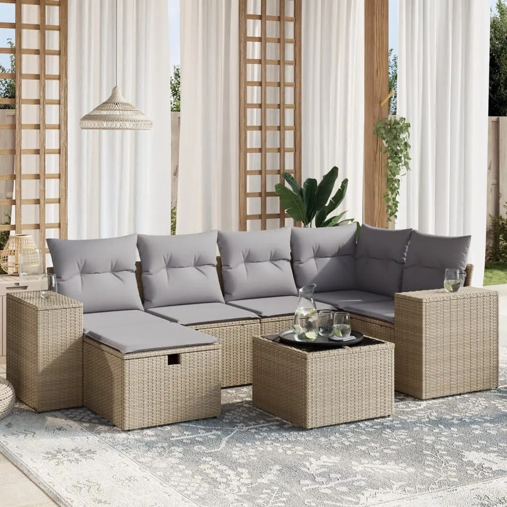 Set Divano da Giardino 7 pz con Cuscini Beige Misto Polyrattan