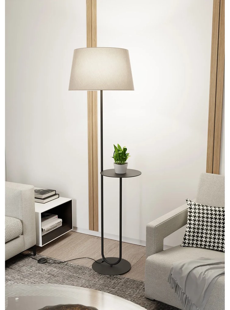 Piantana 1 Luce Horus Paralume In Tessuto Beige Con Mensola In Acciaio Nero