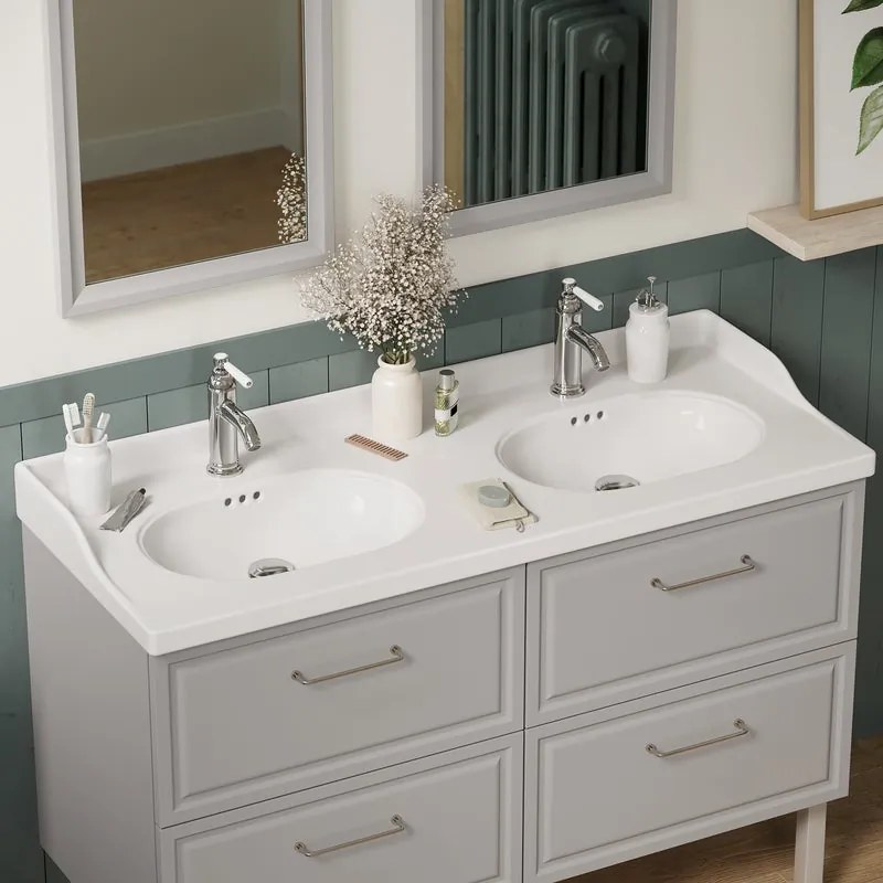 Lavabo a incasso rettangolare doppia vasca Charm L 121 x H 20 x P 49.7 cm in ceramica bianco satinato