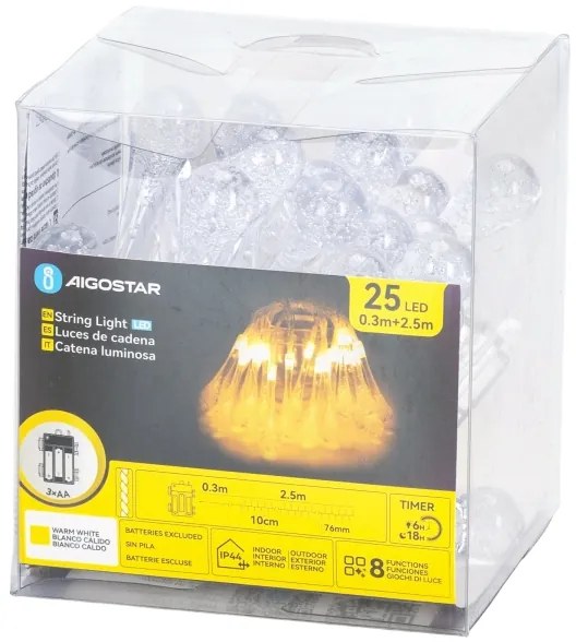 Aigostar - Catena luminosa LED natalizia da esterno 25xLED/8 funzioni 3xAA 2,5m IP44 bianco caldo gocce