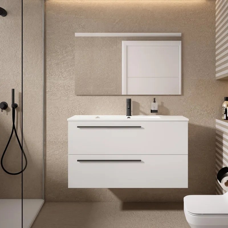 Mobile da bagno sotto lavabo Mia bianco laccato opaco L 100 x H 55 x P 39.5 cm 2 cassetti, lavabo non incluso