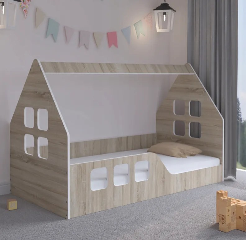 Letto per bambini Casa Montessori 160 x 80 cm in rovere sonoma decorato a sinistra