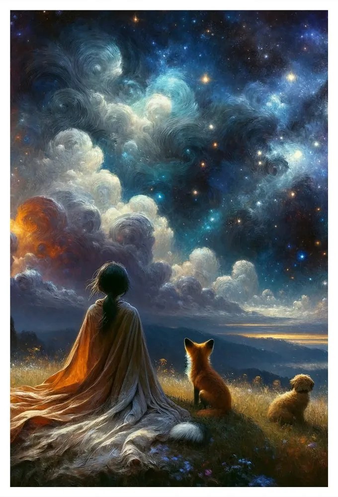 Quadro su tela – Figura con volpe e cane sotto le stelle