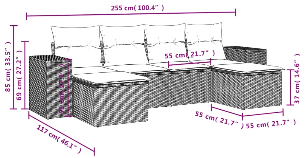 Set divano da giardino 6 pz con cuscini beige in polyrattan