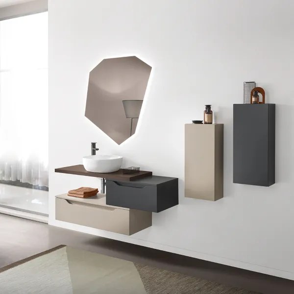 Mobile bagno sospeso 2 cassettoni e top con lavabo da appoggio - MIXI E