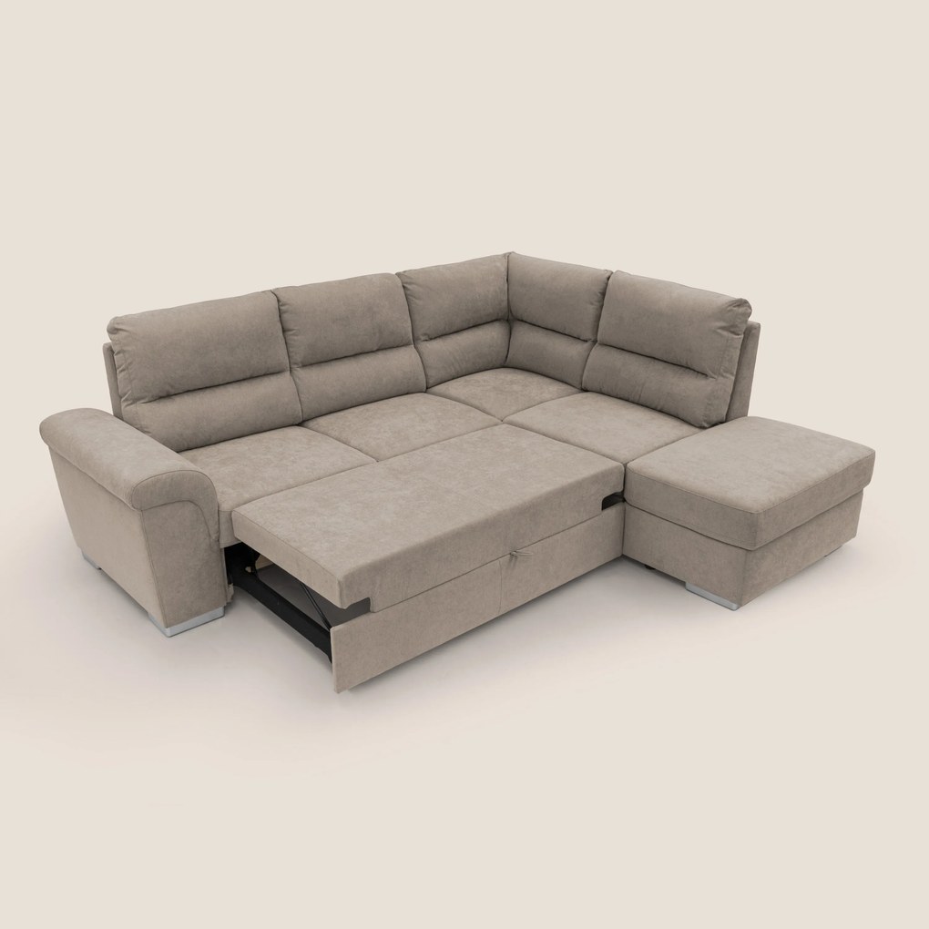 Minerva divano angolare con estraibile a cassettone e pouf contenitore in tessuto morbido impermeabile T02 beige