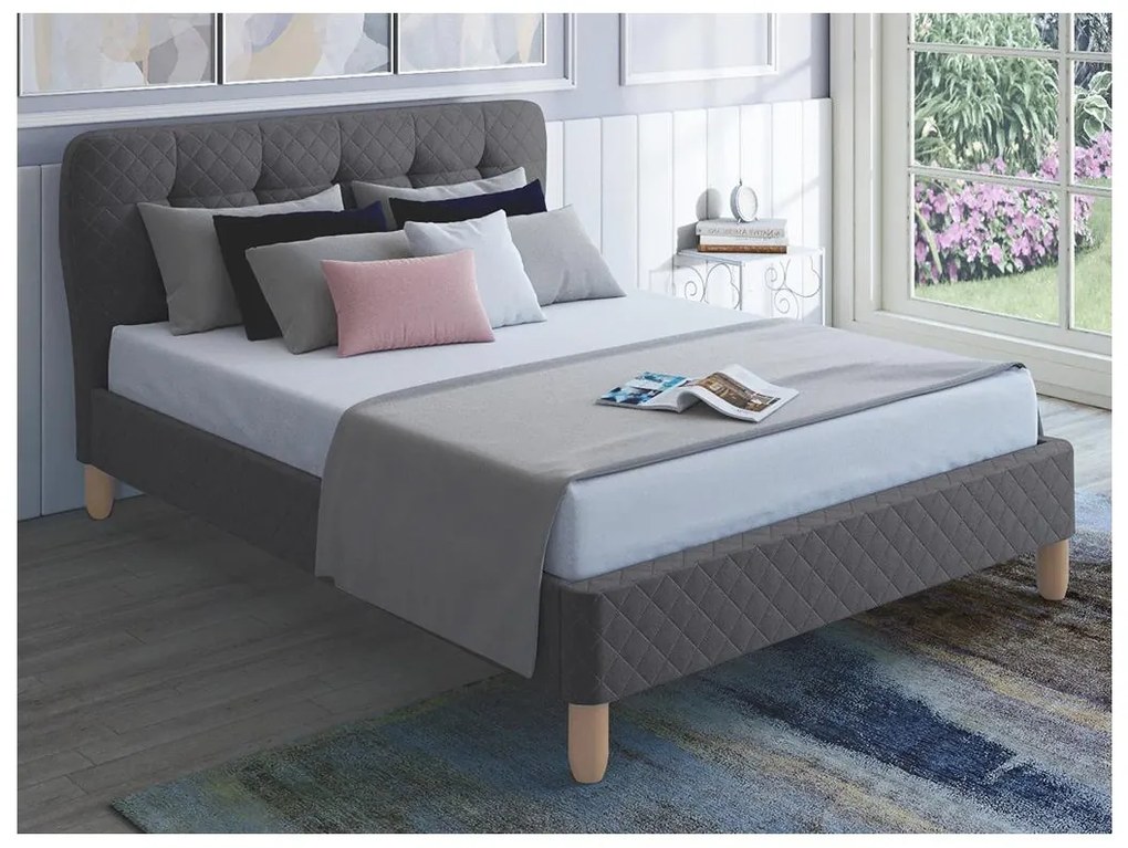 Letto matrimoniale alla francese 140 x 190 cm - con testiera capitonné - Tessuto - Grigio - ELIDE