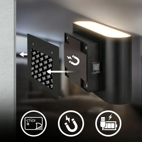 Briloner 3878015 - Lampada da parete LED ricaricabile con sensore CHAT LED/3W/5V 2000 mAh nera