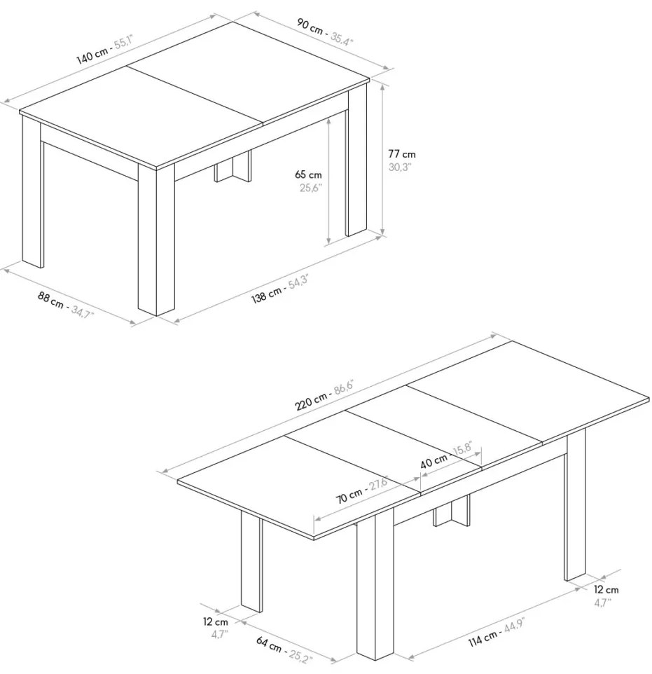 Tavolo LIPARI effetto cemento allungabile 140&#215;90 cm &#8211; 220&#215;90 cm